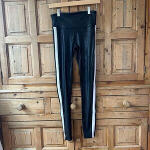 Spanx Size Small Black White Faux Leather Leggings‎ Shimmery Moto Stripe Stretch